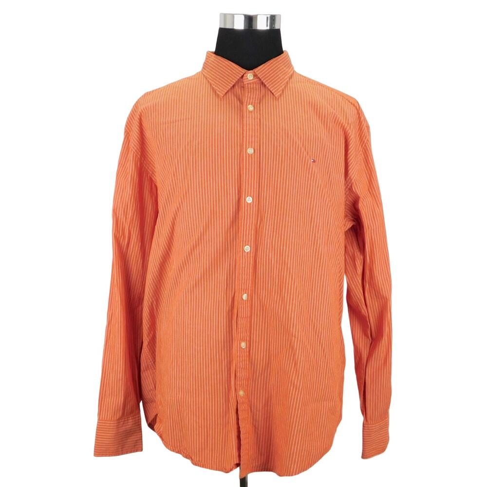 Tommy Hilfiger Cotton Elastane Orange Striped Long Sleeve Button Mens XXL Shirt
